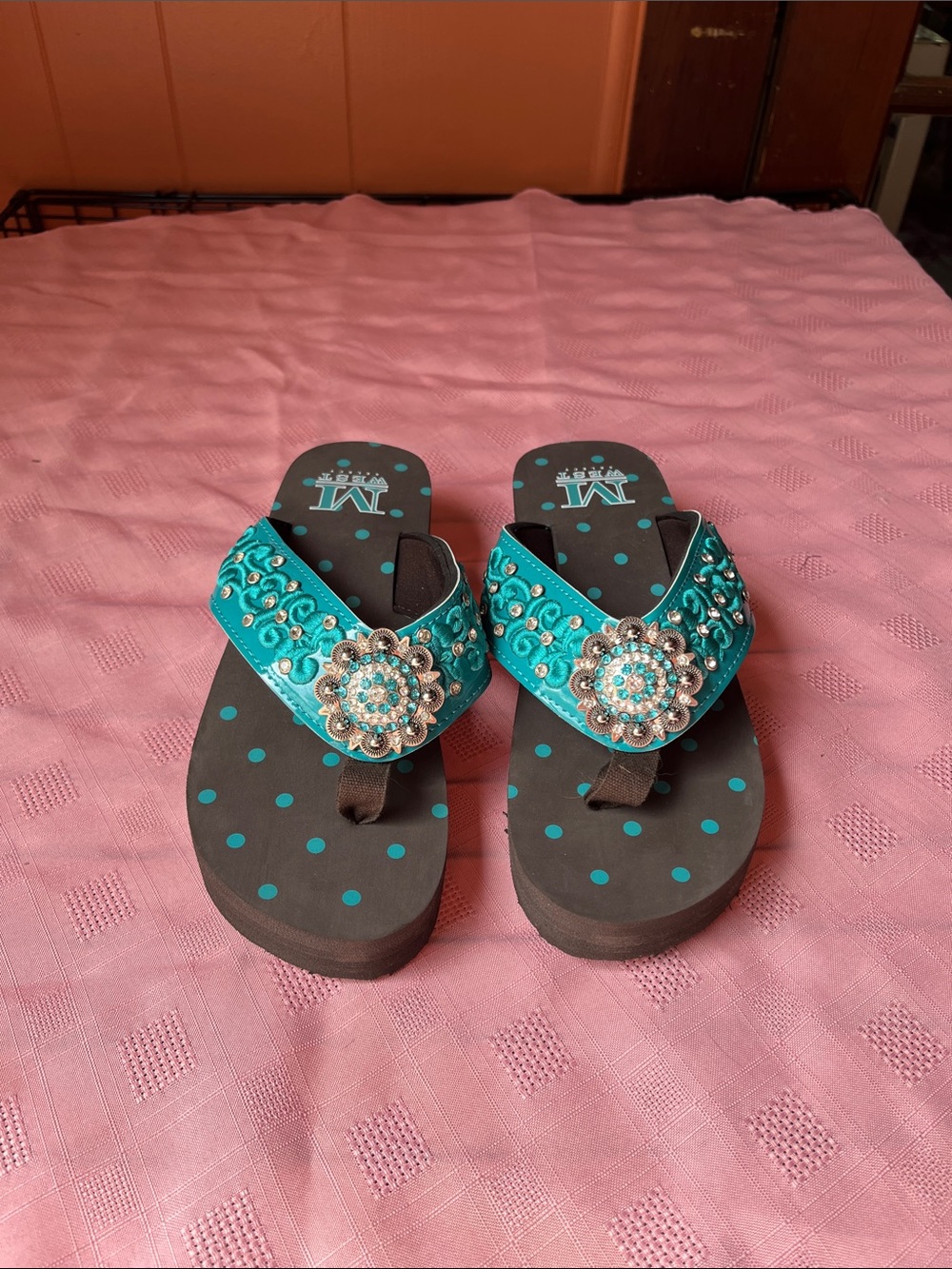 Montana West Turquoise Jeweled Polka Dot Wedge Flip Flops